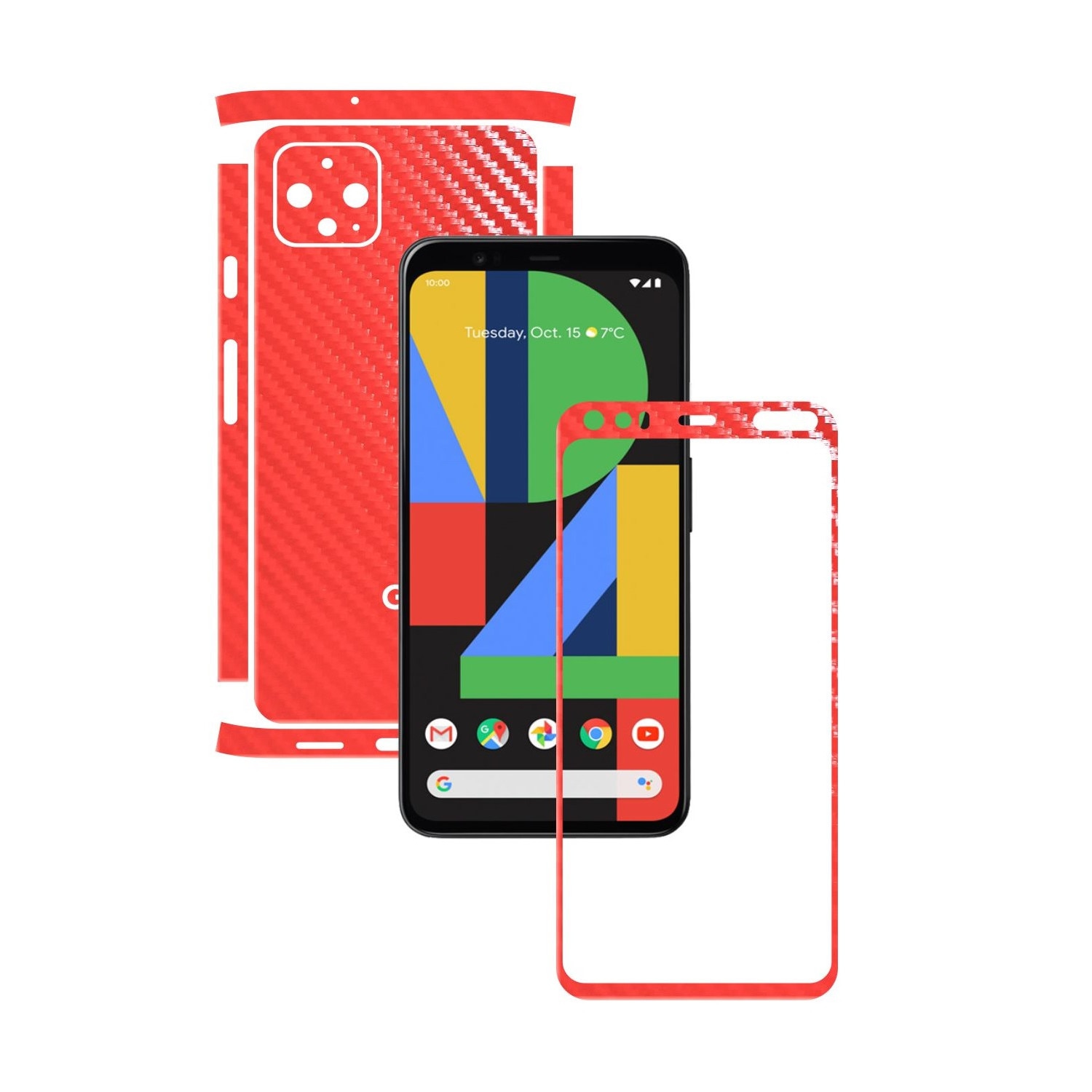 Folie Protectie Carbon Skinz pentru Google Pixel 4 - Carbon Rosu Split Cut, Skin Adeziv Full Body Cover pentru Rama Ecran, Carcasa Spate si Laterale