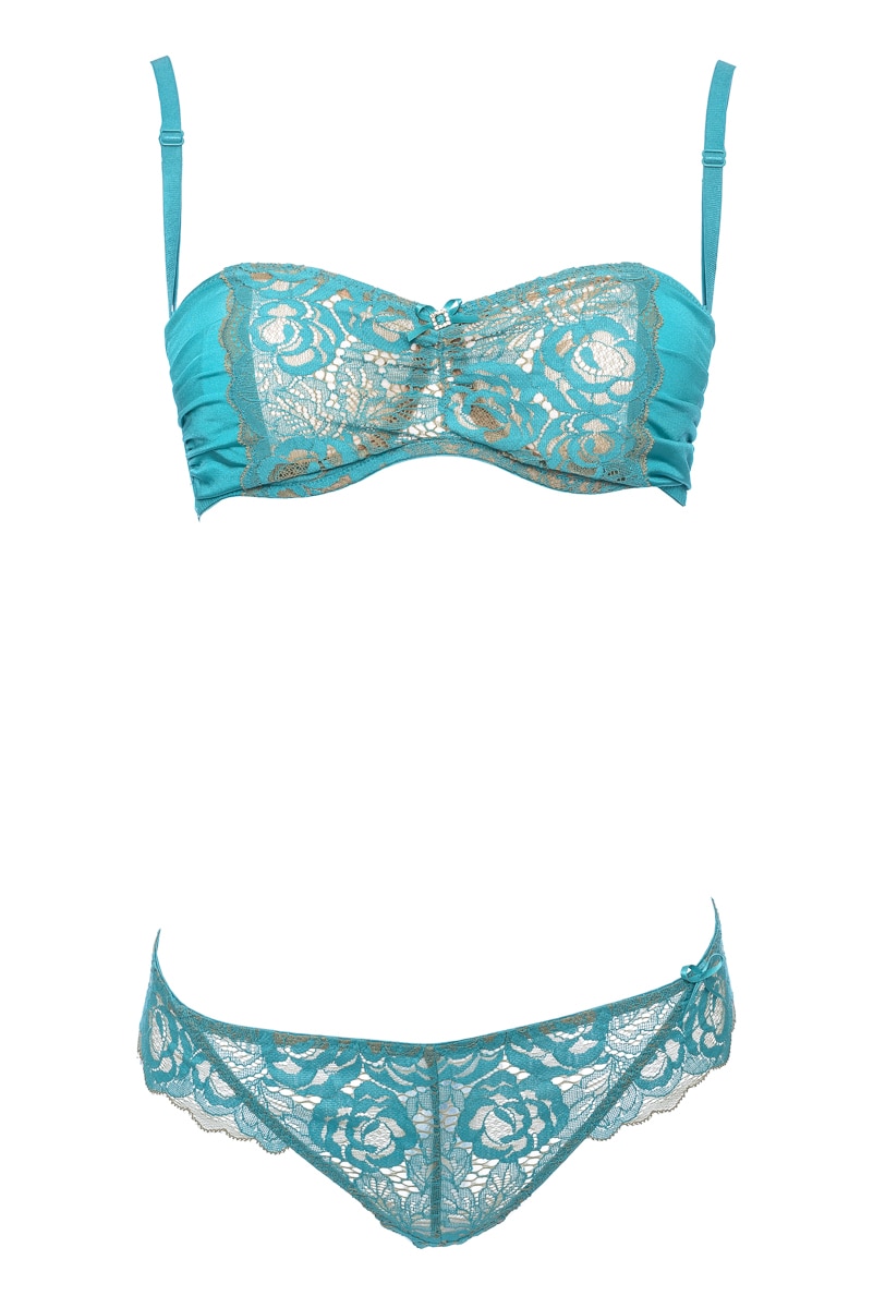 Set format din bustiera fara burete si chilot brazilian din dantela, Intimamoda, Turcoaz ,75B