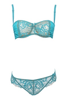 Set format din bustiera fara burete si chilot brazilian din dantela, Intimamoda, Turcoaz ,75B Set format din bustiera fara burete si chilot brazilian din dantela, Intimamoda, Turcoaz ,75B