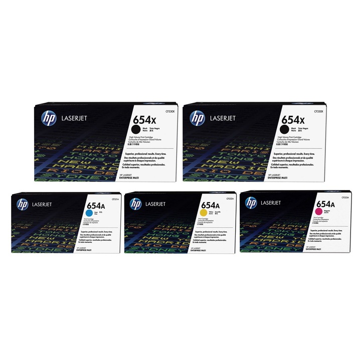 Pachet cartuse toner HP original CF330X (654X) negru x2 CF331A (654A) cyan CF332A (654A) galben CF333A (654A) magenta 106500 pagini