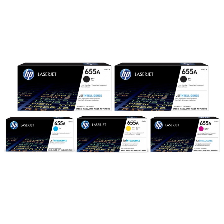 Pachet cartuse toner HP original (655A) CF450A negru x2 CF451A cyan CF452A galben CF453A magenta 56500 pagini