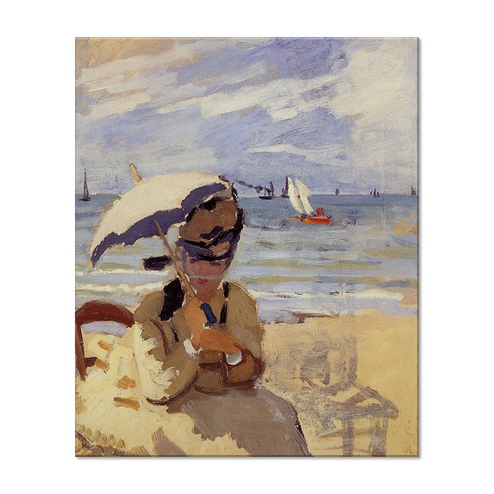Tablou Canvas Premium Arta Clasica Heartwork, Reproducere, Claude Monet, Camille Sitting on the Beach at Trouville 1871, 66 cm x 80 cm
