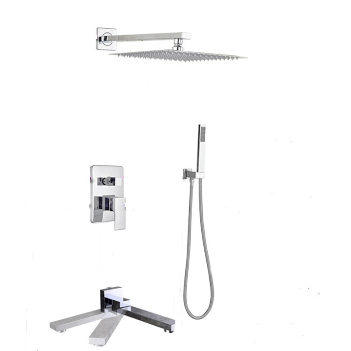 Set de dus Argintiu, AquaSpa, Robinet de dus cu efect de ploaie, 3 Functii, Palarie de dus 40 CM, Teava de dus pentru perete cu montaj sub tencuiala Mobila