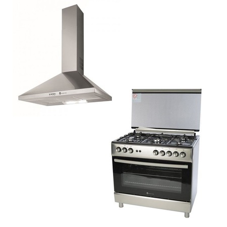 Pachet Studio Casa Inox 90 cm, aragaz pe gaz FE90/60 si hota decorativa K24 Folgarida 90 cm, cinci arzatoare gaz, rotisor, gratare fonta, 435 mc / h