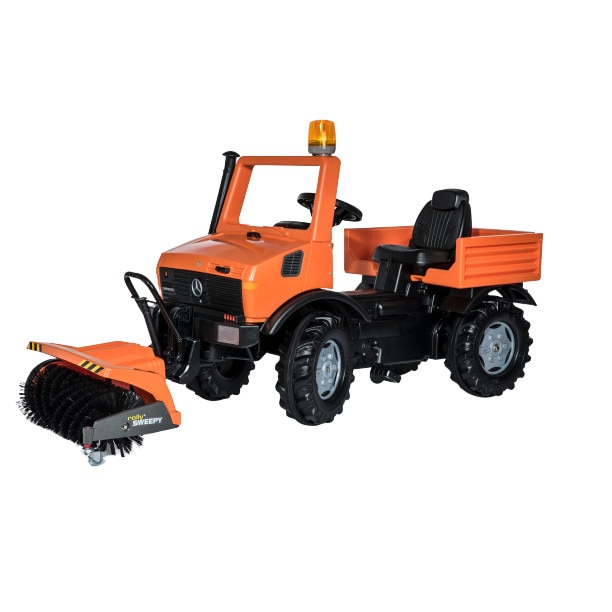 Masina Unimog Mercedes cu pedale si perie rotativa Rolly Toys, portocalie