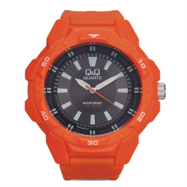 Ceas Q&Q VR54J006Y, barbatesc, portocaliu, carcasa 48mm
