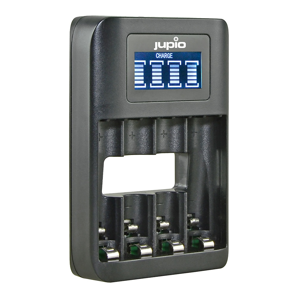 Incarcator Jupio Fast Charger USB pentru acumulatori AA si AAA, 8 ore, 4 canale, indicator LCD, Negru