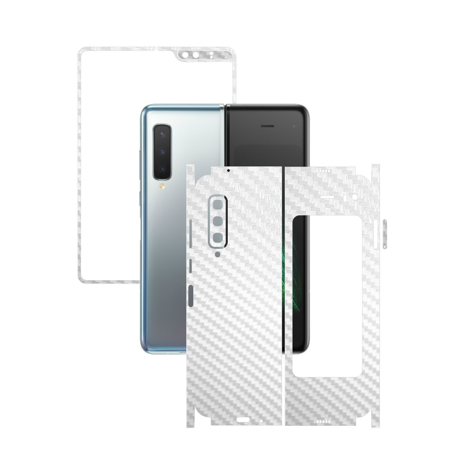 Folie Protectie Carbon Skinz pentru Samsung Galaxy Fold - Carbon Alb 360 Cut, Skin Adeziv Full Body Cover pentru Rama Ecran, Carcasa Spate si Laterale