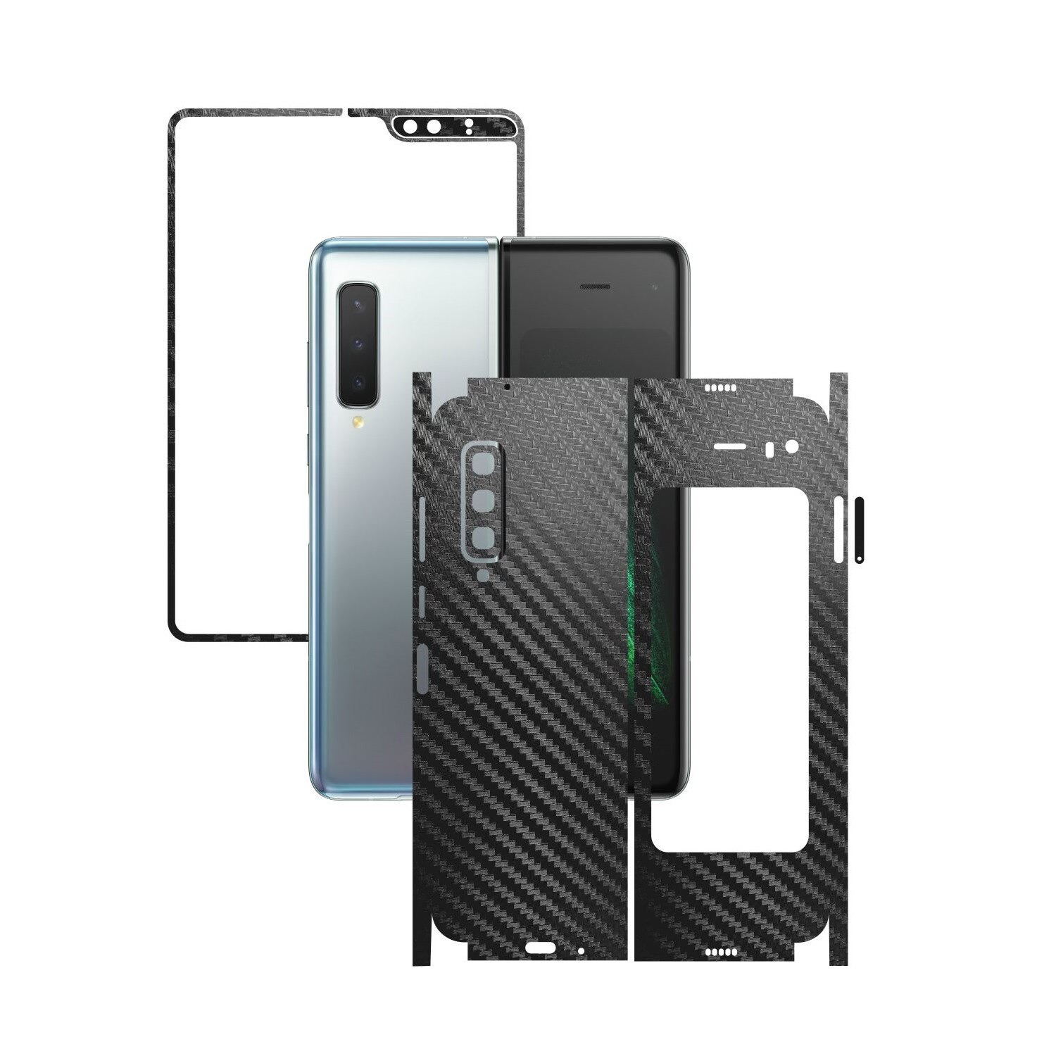 Folie Protectie Carbon Skinz pentru Samsung Galaxy Fold - Carbon Negru 360 Cut, Skin Adeziv Full Body Cover pentru Rama Ecran, Carcasa Spate si Laterale