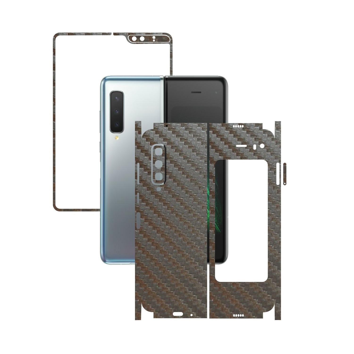 Folie Protectie Carbon Skinz pentru Samsung Galaxy Fold - Carbon Gri Argintiu 360 Cut, Skin Adeziv Full Body Cover pentru Rama Ecran, Carcasa Spate si Laterale