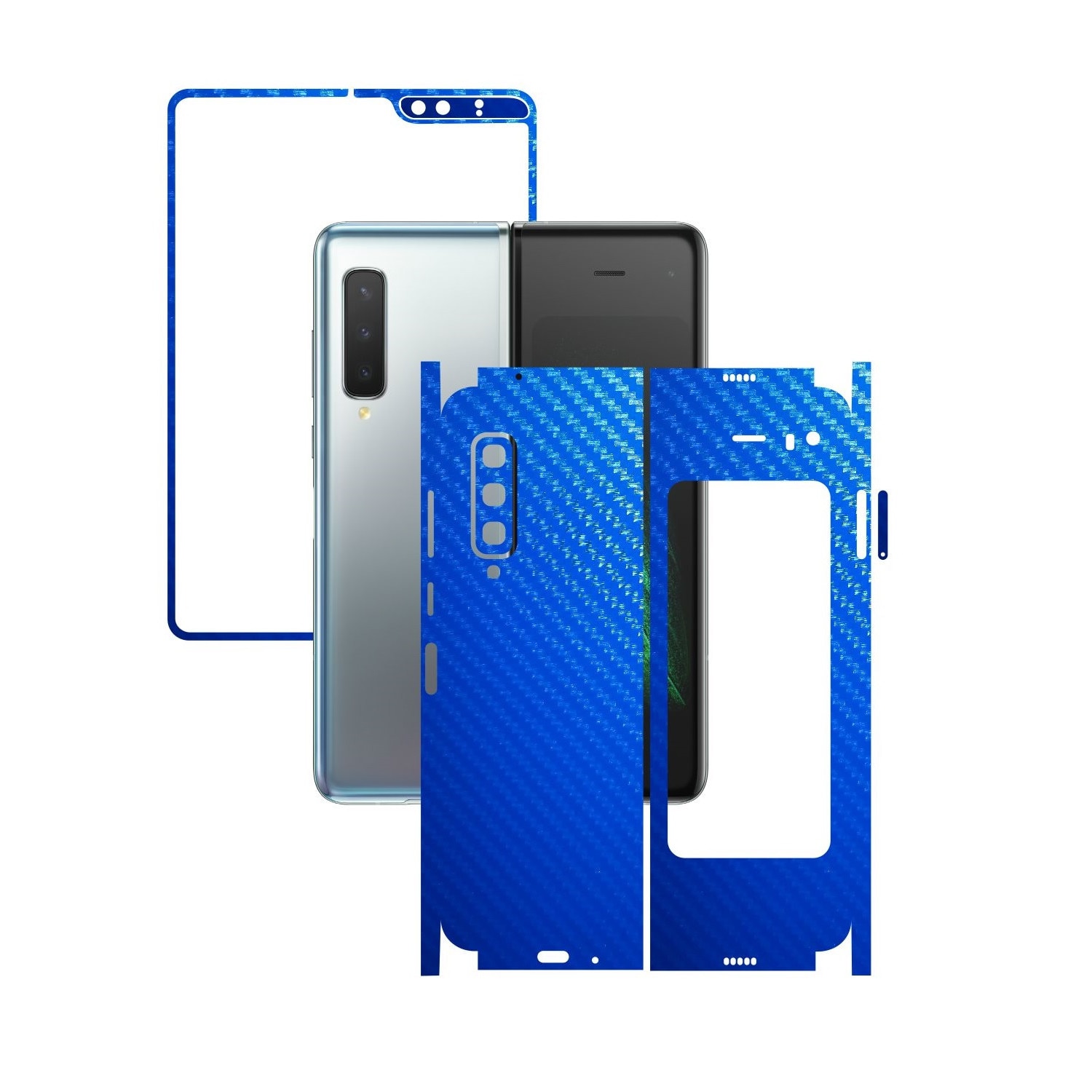Folie Protectie Carbon Skinz pentru Samsung Galaxy Fold - Carbon Albastru 360 Cut, Skin Adeziv Full Body Cover pentru Rama Ecran, Carcasa Spate si Laterale