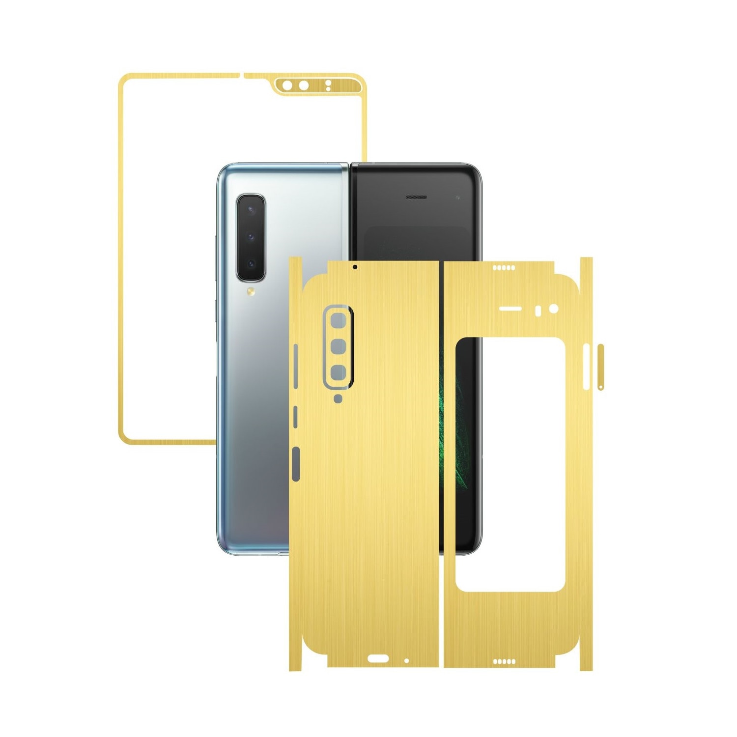 Folie Protectie Carbon Skinz pentru Samsung Galaxy Fold - Brushed Auriu 360 Cut, Skin Adeziv Full Body Cover pentru Rama Ecran, Carcasa Spate si Laterale