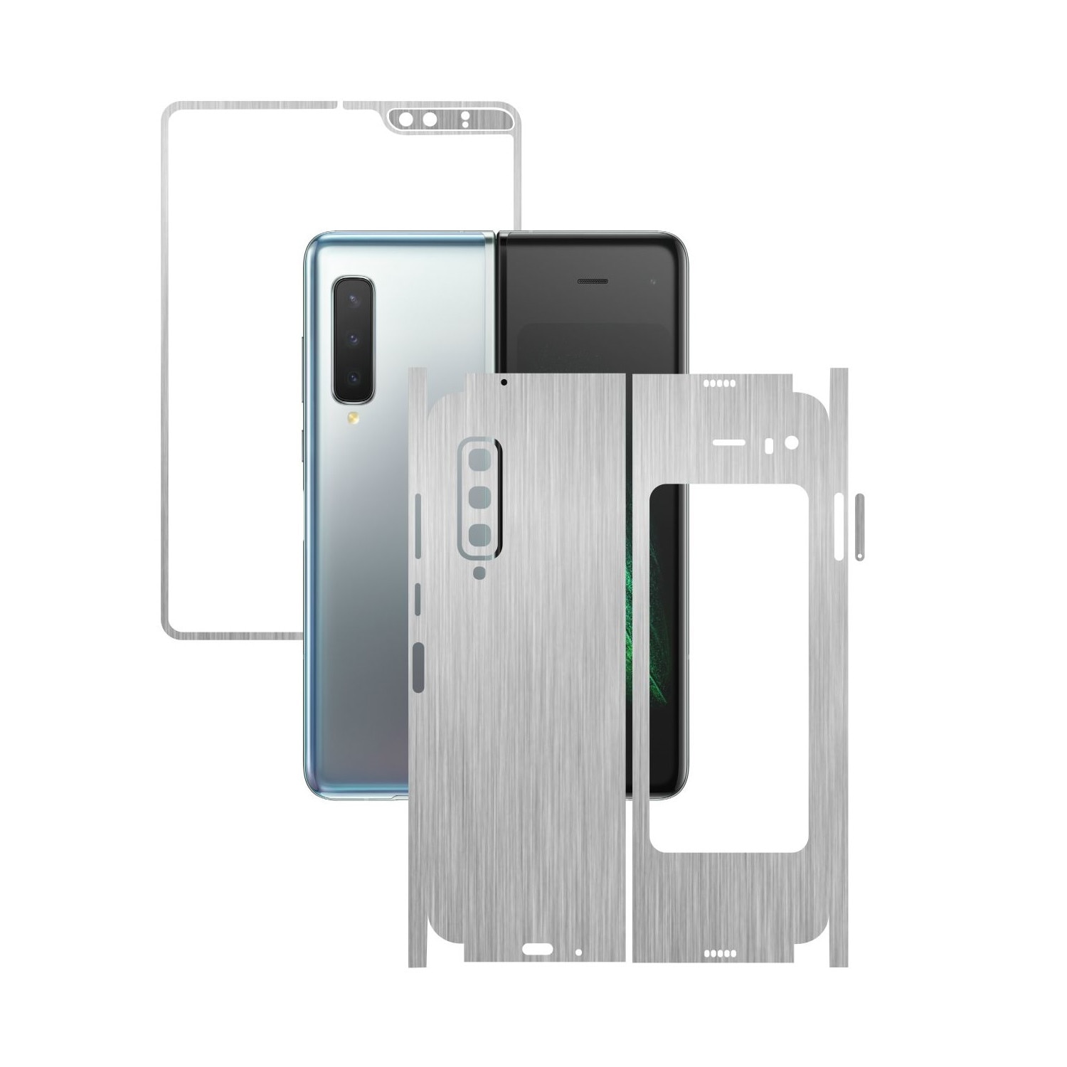 Folie Protectie Carbon Skinz pentru Samsung Galaxy Fold - Brushed Argintiu 360 Cut, Skin Adeziv Full Body Cover pentru Rama Ecran, Carcasa Spate si Laterale