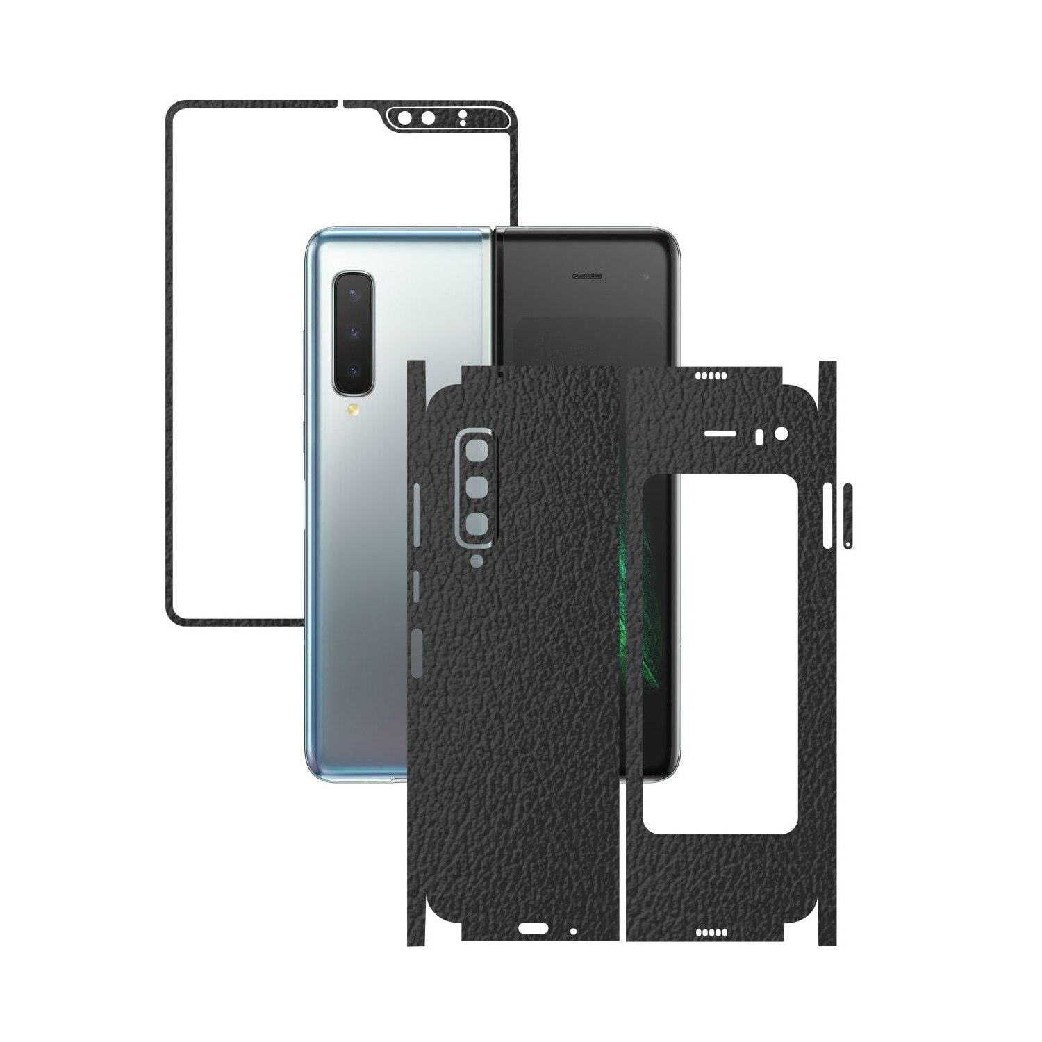 Folie Protectie Carbon Skinz pentru Samsung Galaxy Fold - Piele Neagra 360 Cut, Skin Adeziv Full Body Cover pentru Rama Ecran, Carcasa Spate si Laterale
