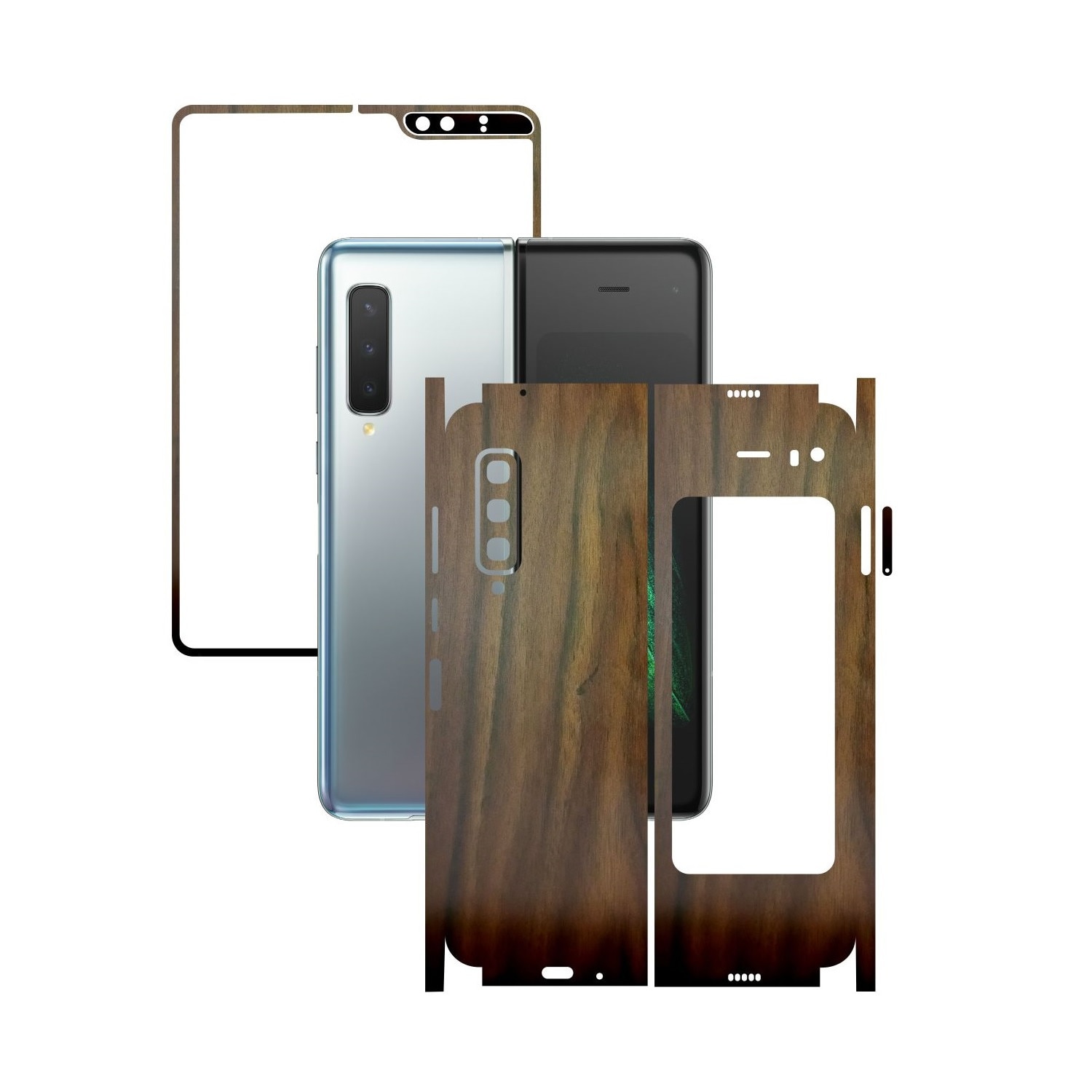 Folie Protectie Carbon Skinz pentru Samsung Galaxy Fold - Lemn Nuc 360 Cut, Skin Adeziv Full Body Cover pentru Rama Ecran, Carcasa Spate si Laterale