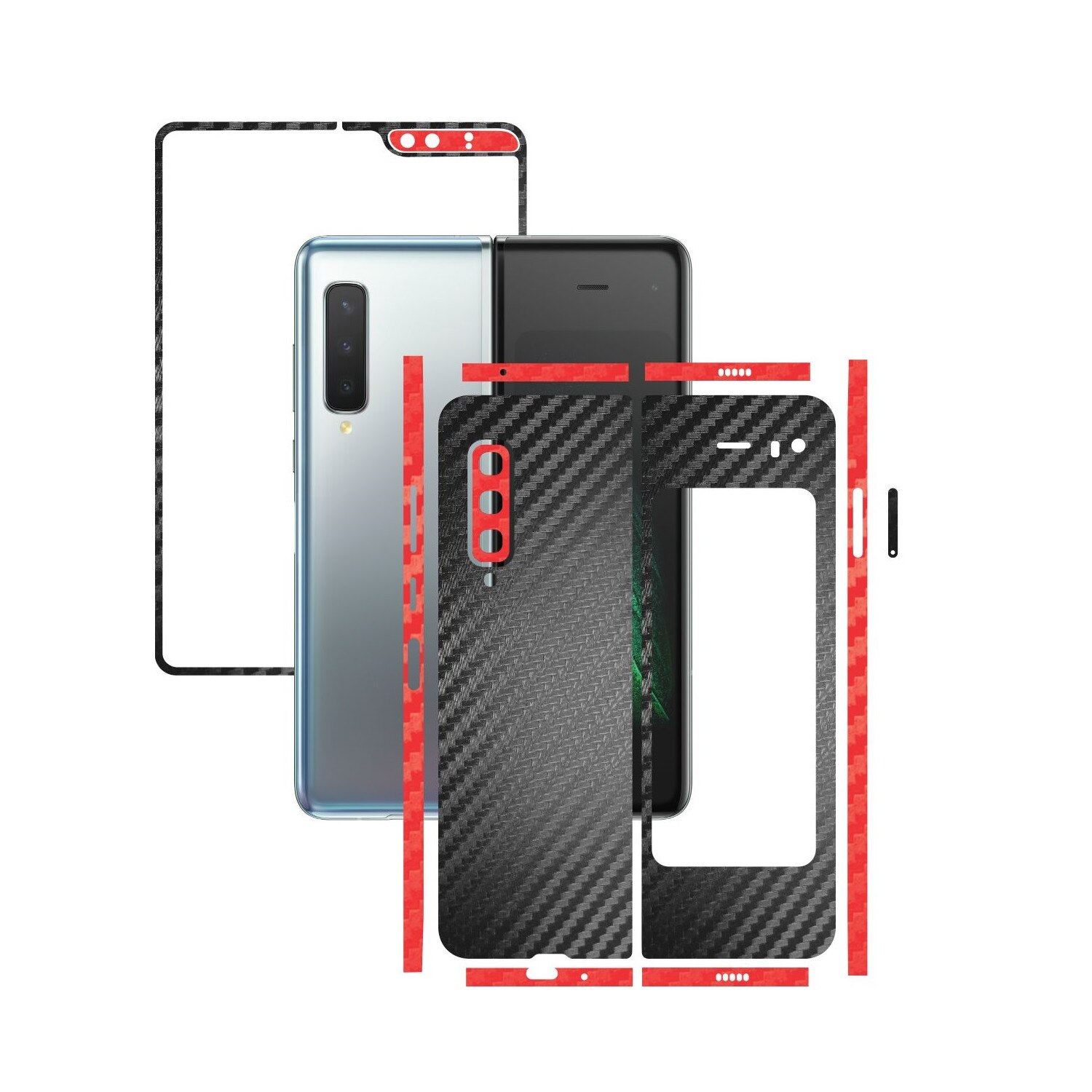 Folie Protectie Carbon Skinz pentru Samsung Galaxy Fold - Carbon Two Tone Negru / Rosu, Skin Adeziv Full Body Cover pentru Rama Ecran, Carcasa Spate si Laterale