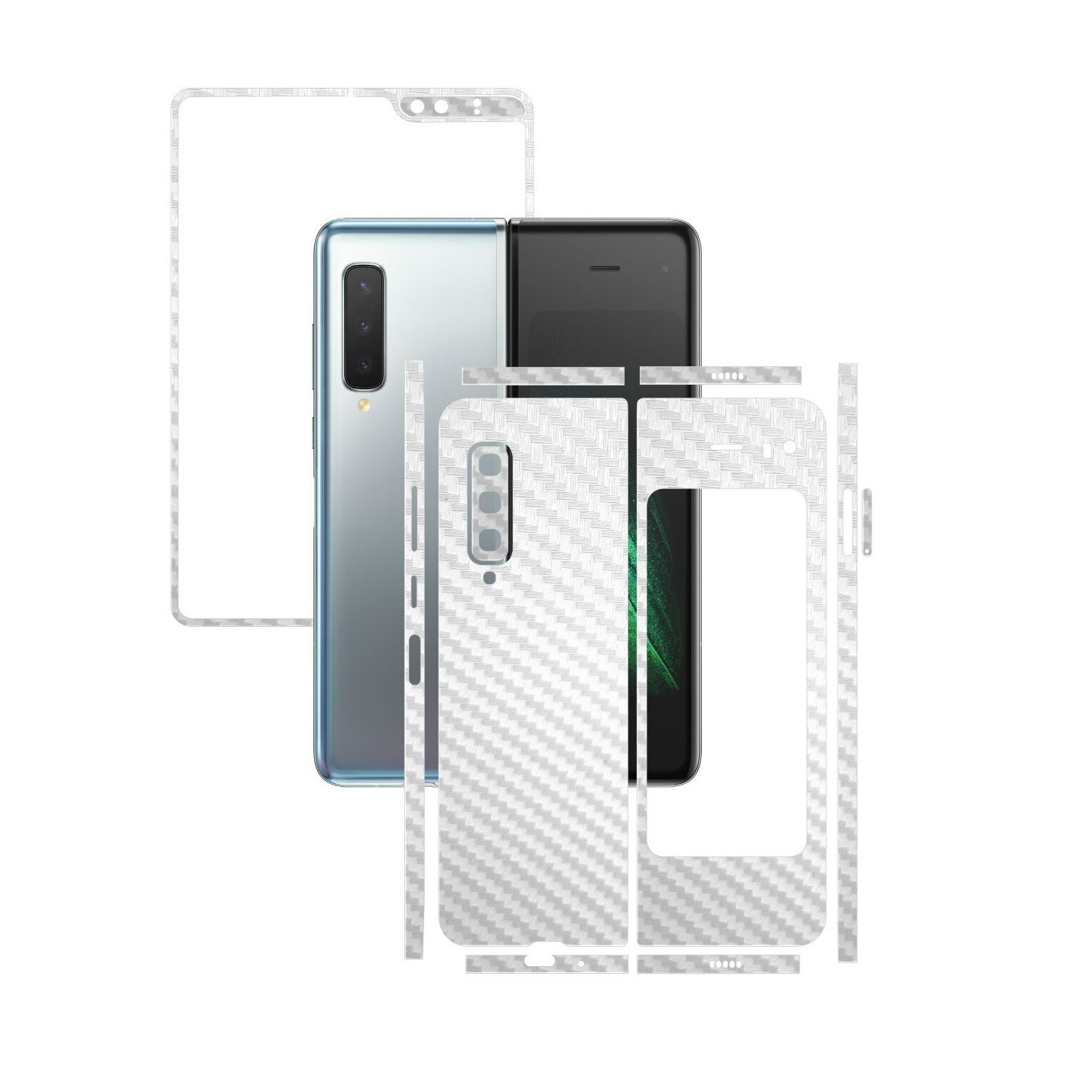 Folie Protectie Carbon Skinz pentru Samsung Galaxy Fold - Carbon Alb Split Cut, Skin Adeziv Full Body Cover pentru Rama Ecran, Carcasa Spate si Laterale