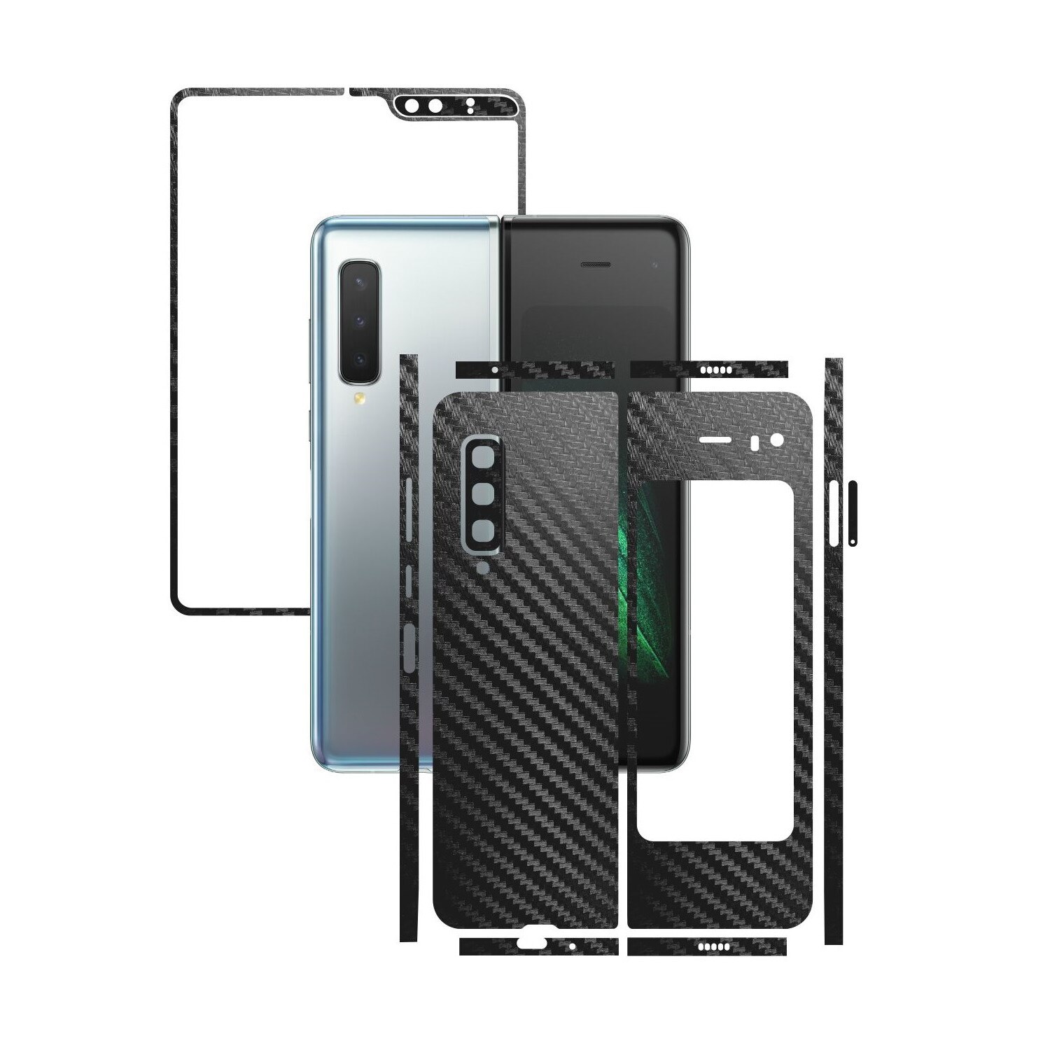 Folie Protectie Carbon Skinz pentru Samsung Galaxy Fold - Carbon Gri Argintiu Split Cut, Skin Adeziv Full Body Cover pentru Rama Ecran, Carcasa Spate si Laterale