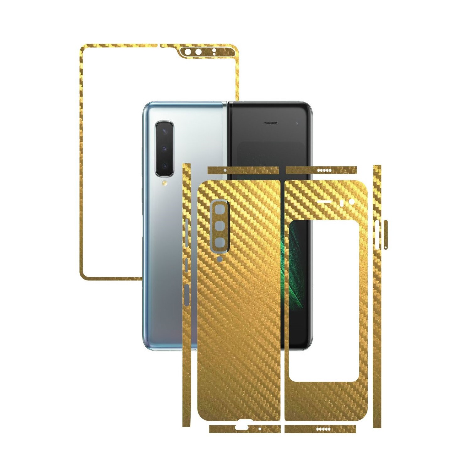 Folie Protectie Carbon Skinz pentru Samsung Galaxy Fold - Carbon Auriu Split Cut, Skin Adeziv Full Body Cover pentru Rama Ecran, Carcasa Spate si Laterale
