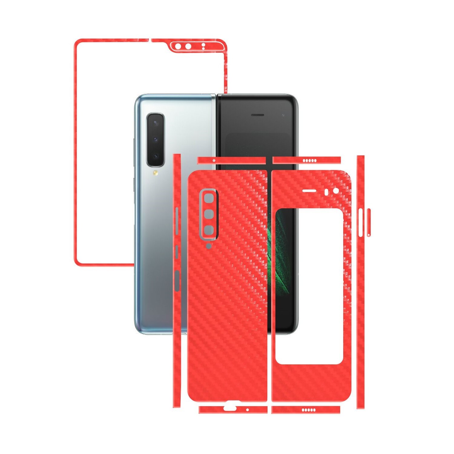 Folie Protectie Carbon Skinz pentru Samsung Galaxy Fold - Carbon Rosu Split Cut, Skin Adeziv Full Body Cover pentru Rama Ecran, Carcasa Spate si Laterale