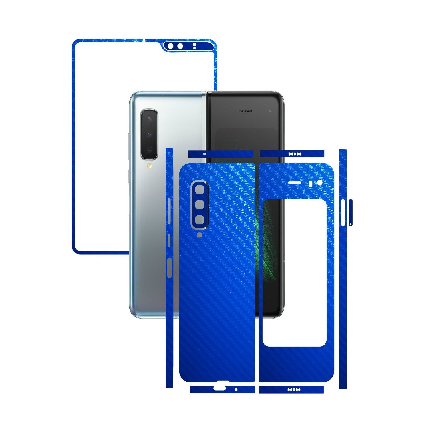 Folie Protectie Carbon Skinz pentru Samsung Galaxy Fold - Carbon Albastru Split Cut, Skin Adeziv Full Body Cover pentru Rama Ecran, Carcasa Spate si Laterale