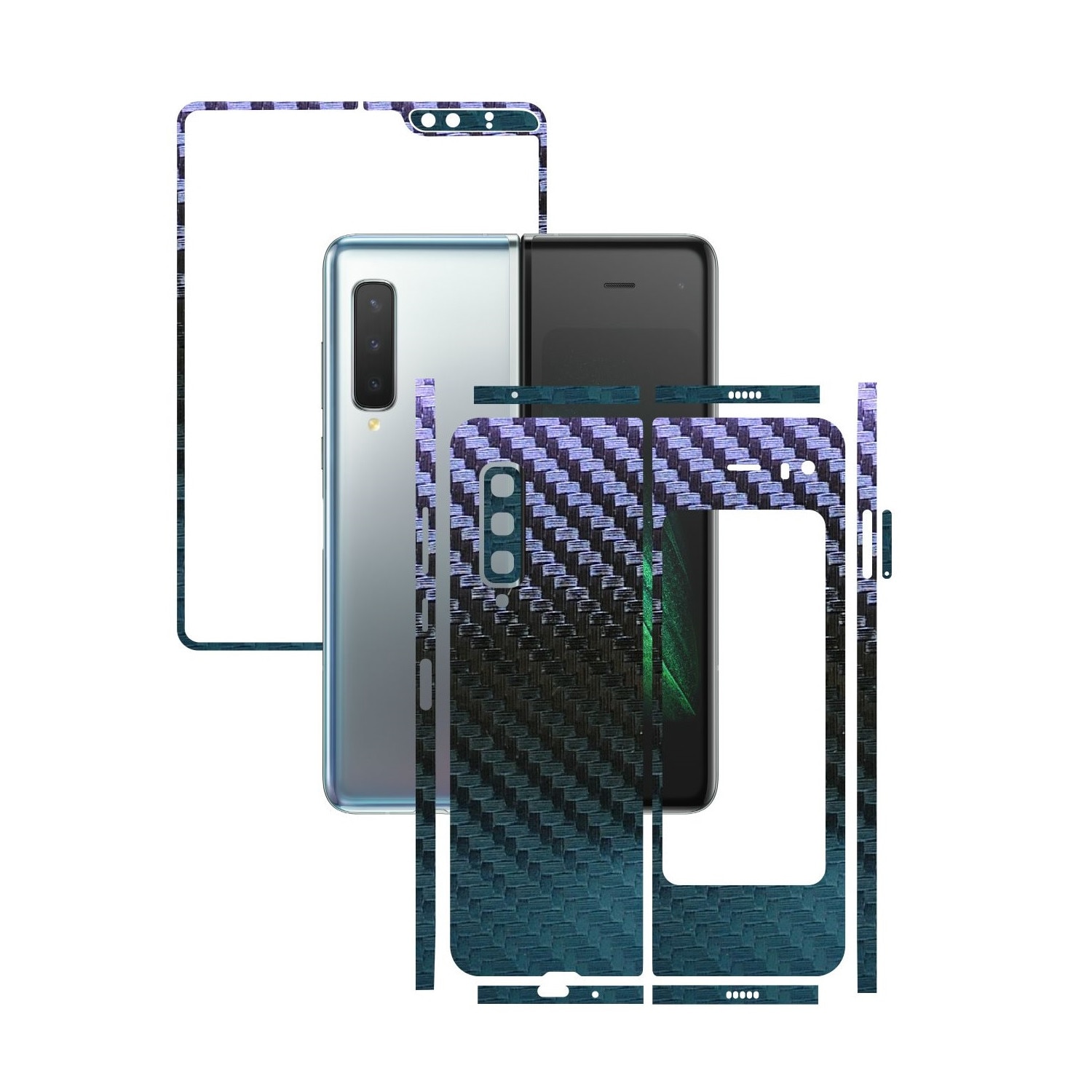 Folie Protectie Carbon Skinz pentru Samsung Galaxy Fold - Carbon Cameleon Split Cut, Skin Adeziv Full Body Cover pentru Rama Ecran, Carcasa Spate si Laterale