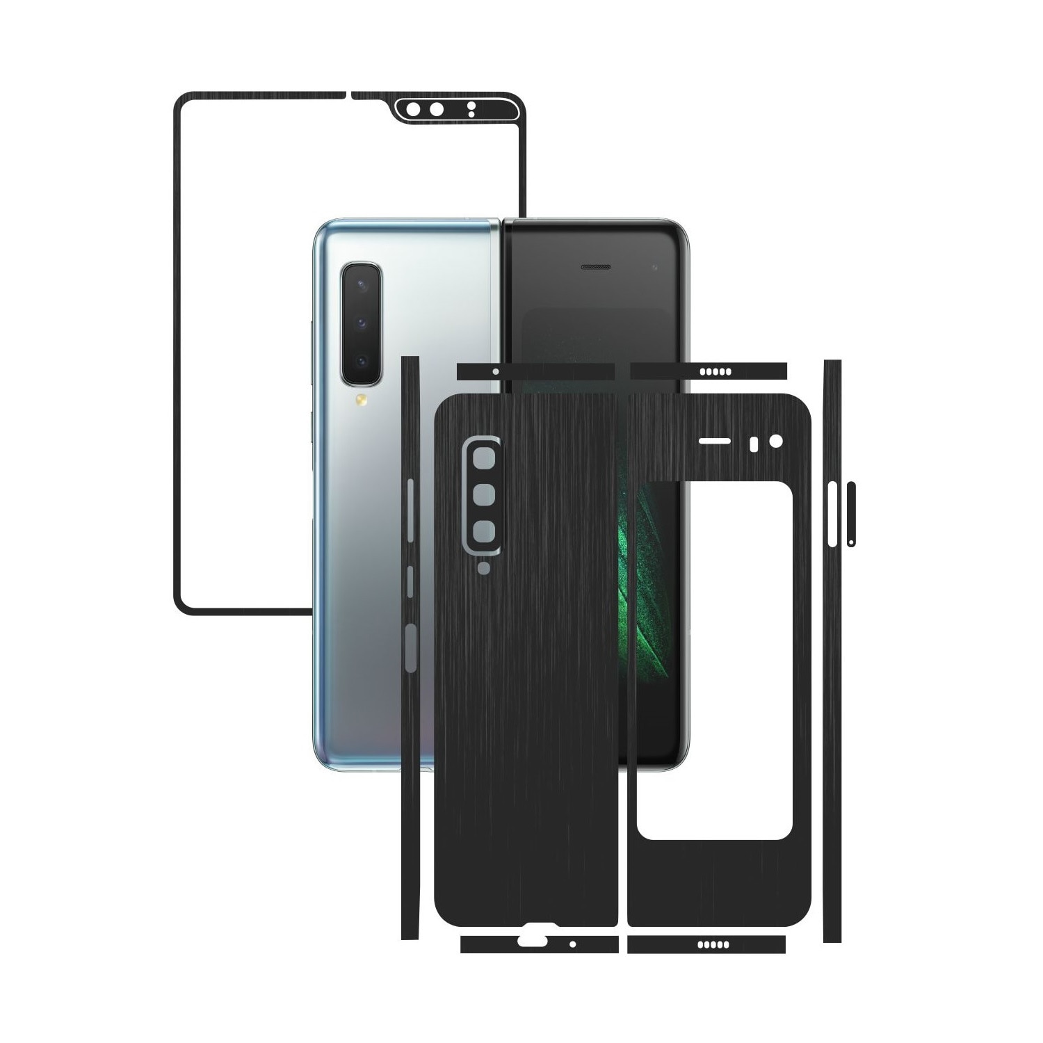 Folie Protectie Carbon Skinz pentru Samsung Galaxy Fold - Brushed Negru Split Cut, Skin Adeziv Full Body Cover pentru Rama Ecran, Carcasa Spate si Laterale