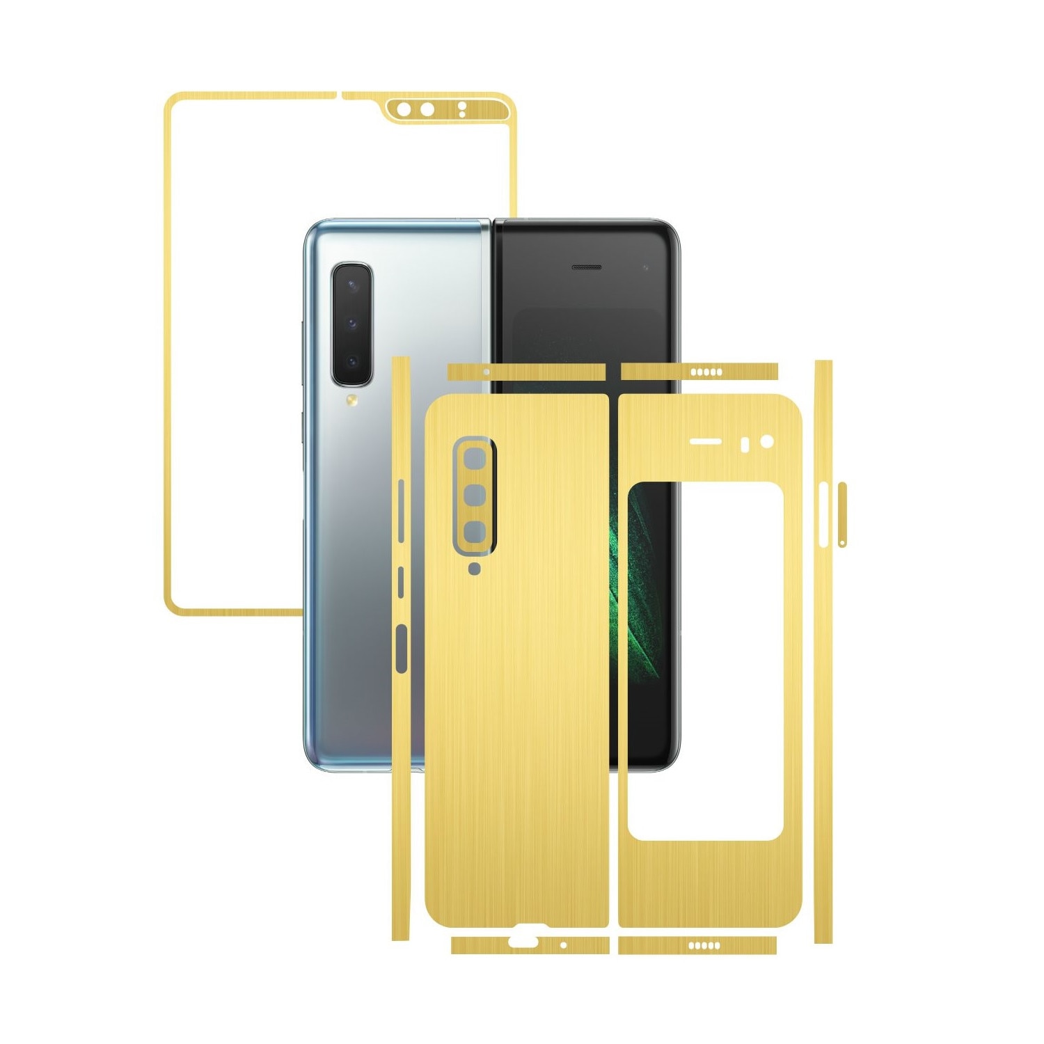 Folie Protectie Carbon Skinz pentru Samsung Galaxy Fold - Brushed Auriu Split Cut, Skin Adeziv Full Body Cover pentru Rama Ecran, Carcasa Spate si Laterale