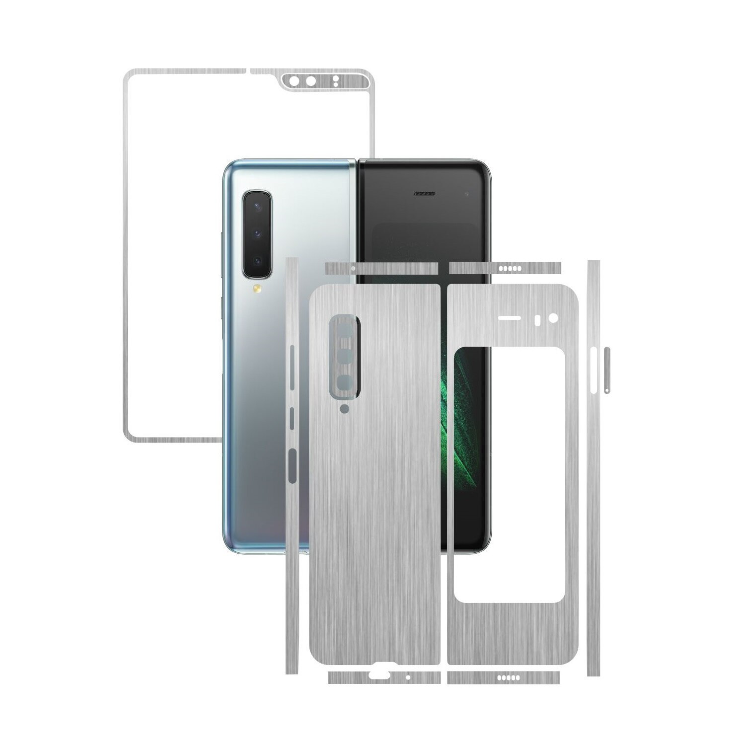 Folie Protectie Carbon Skinz pentru Samsung Galaxy Fold - Brushed Argintiu Split Cut, Skin Adeziv Full Body Cover pentru Rama Ecran, Carcasa Spate si Laterale