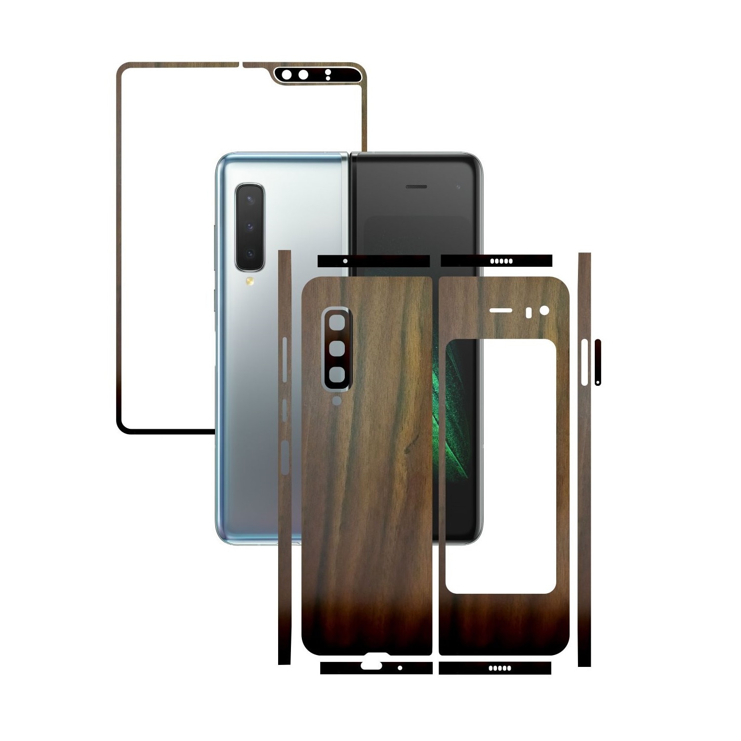 Folie Protectie Carbon Skinz pentru Samsung Galaxy Fold - Lemn Nuc Split Cut, Skin Adeziv Full Body Cover pentru Rama Ecran, Carcasa Spate si Laterale