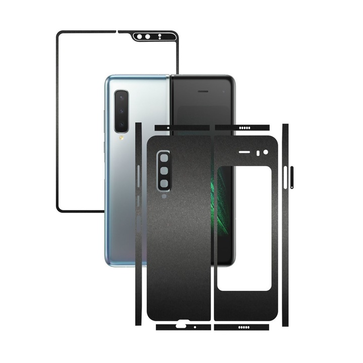 Folie Protectie Carbon Skinz pentru Samsung Galaxy Fold - Negru Mat Split Cut, Skin Adeziv Full Body Cover pentru Rama Ecran, Carcasa Spate si Laterale
