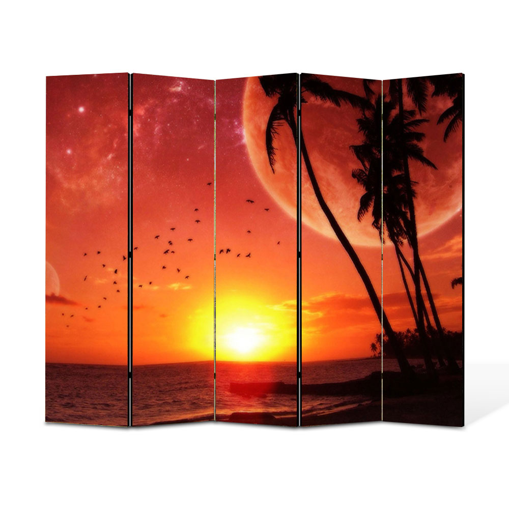 Paravan 5 piese Premium Heartwork TrueColor Apus pe plaja, Panza pe cadru de lemn, Decoratiuni Moderne pentru Casa, 5 x 35 x 180 cm, 175 x 180 cm