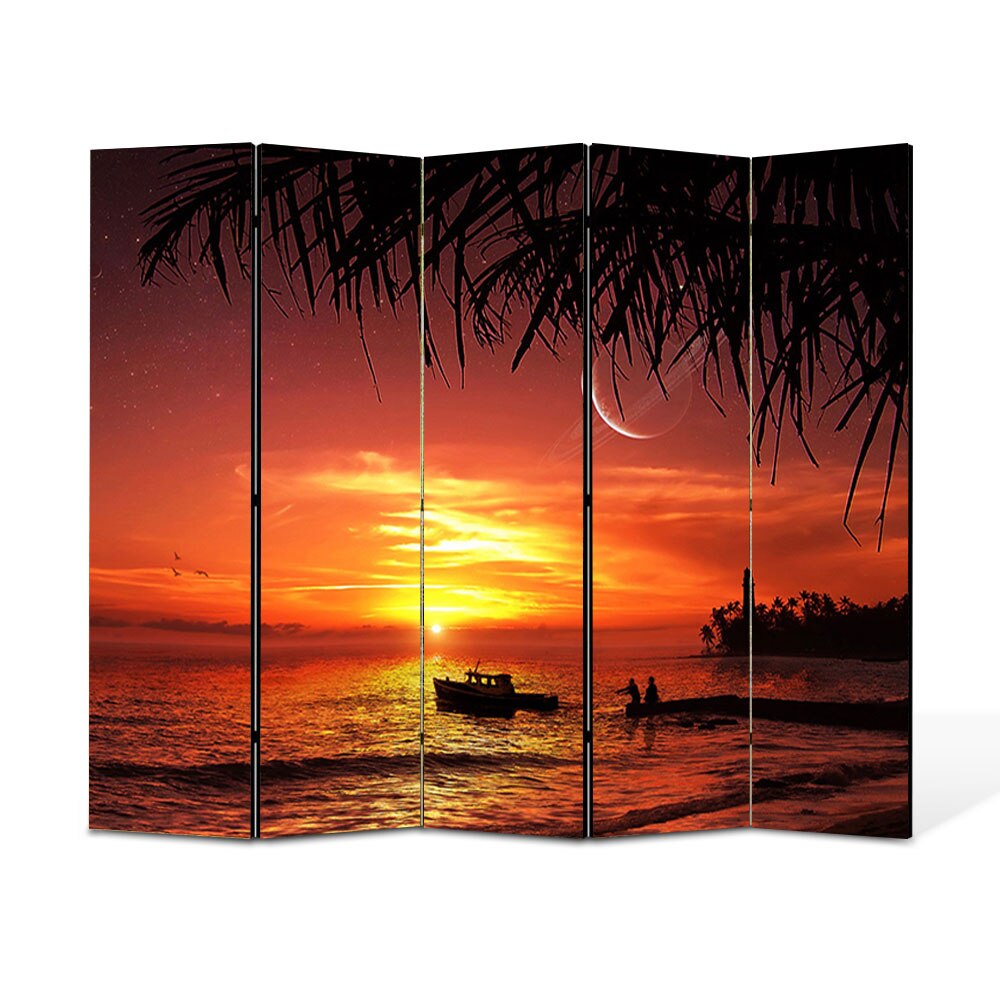 Paravan 5 piese Premium Heartwork TrueColor Apus exotic, Panza pe cadru de lemn, Decoratiuni Moderne pentru Casa, 5 x 45 x 150 cm, 225 x 150 cm