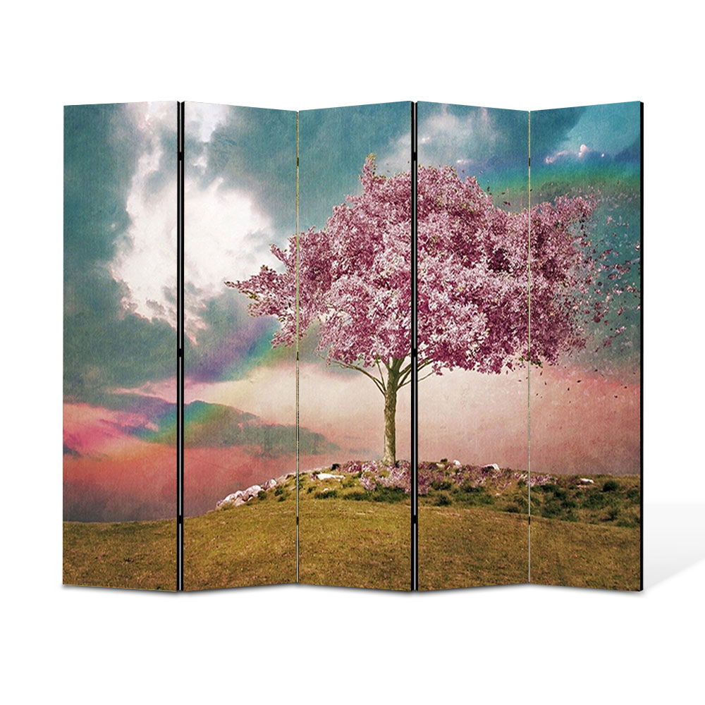 Paravan 5 piese Premium Heartwork TrueColor Copac roz, Panza pe cadru de lemn, Decoratiuni Moderne pentru Casa, 5 x 45 x 150 cm, 225 x 150 cm