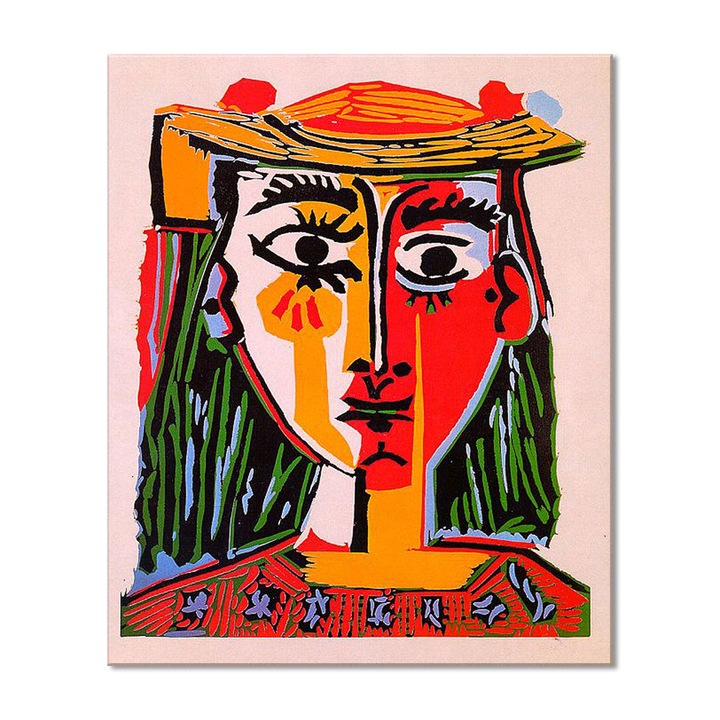 Tablou Canvas Premium Arta Clasica Heartwork, Reproducere, Pablo Picasso, Woman with hat 1962, 66 cm x 80 cm