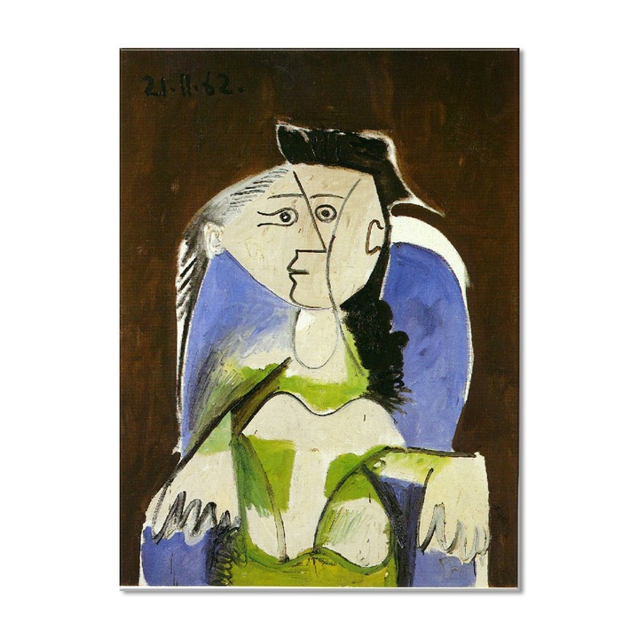 Tablou Canvas Premium Arta Clasica Heartwork, Reproducere, Pablo Picasso, Woman sitting in blue armchair 1962, 59 cm x 80 cm