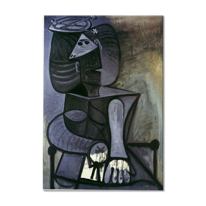 Tablou Canvas Premium Arta Clasica Heartwork, Reproducere, Pablo Picasso, Seated woman with flat hat 1945, 55 cm x 80 cm