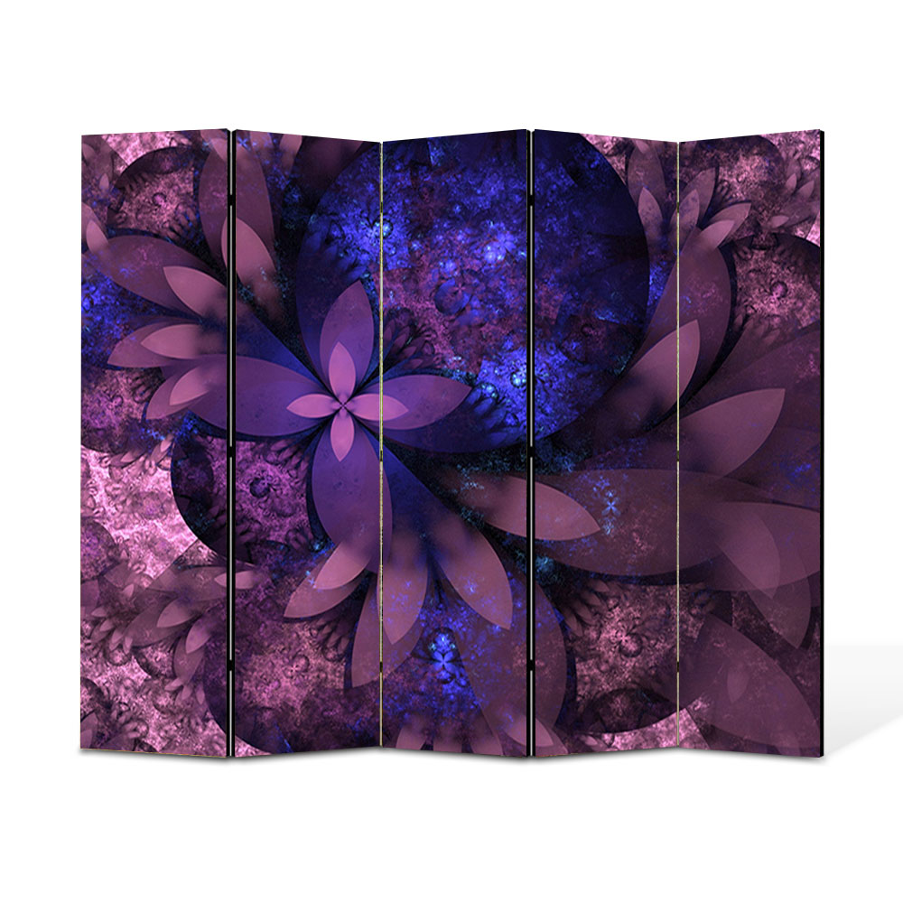 Paravan 5 piese Premium Heartwork TrueColor Flori violet, Panza pe cadru de lemn, Decoratiuni Moderne pentru Casa, 5 x 35 x 180 cm, 175 x 180 cm