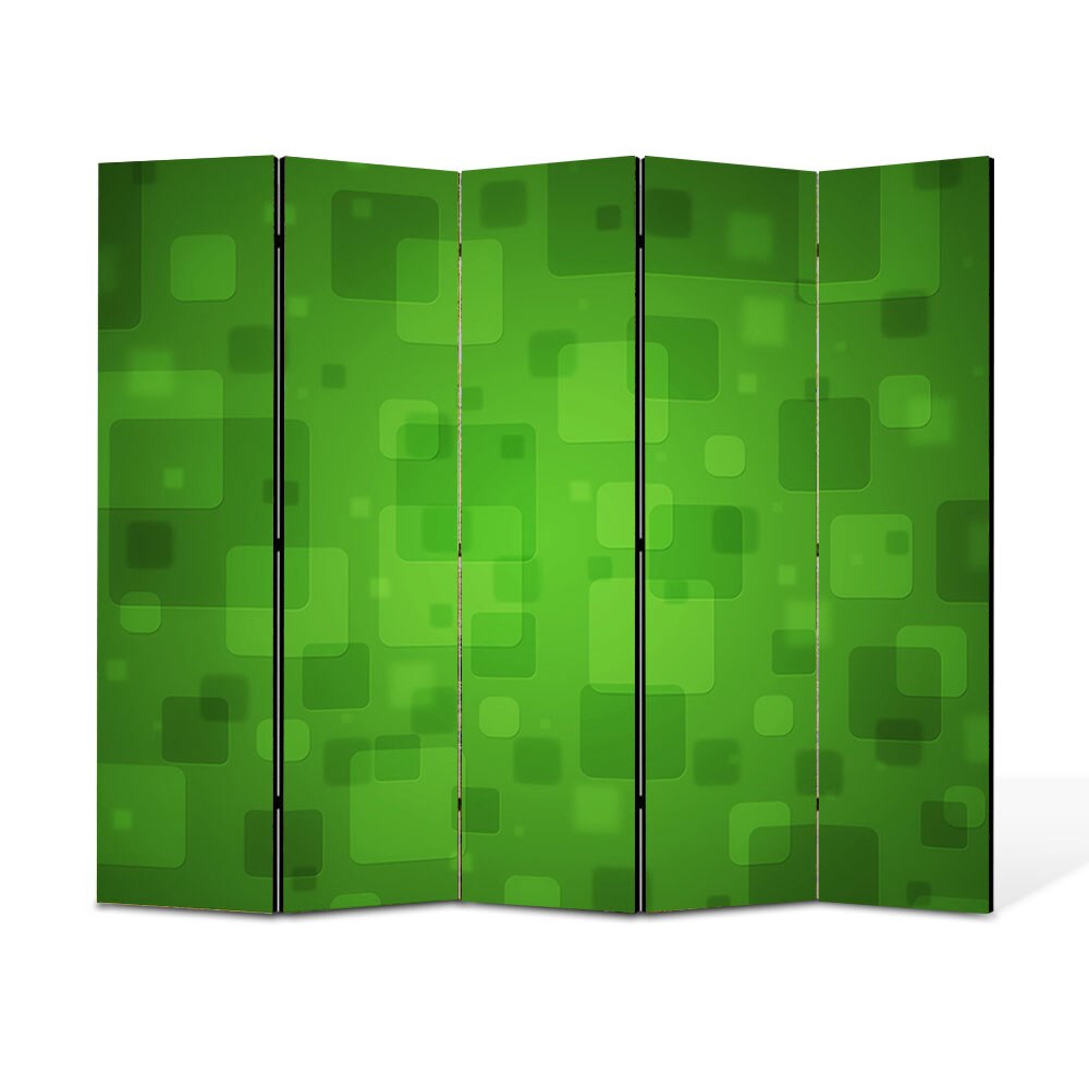 Paravan 5 piese Premium Heartwork TrueColor Patrate verzi, Panza pe cadru de lemn, Decoratiuni Moderne pentru Casa, 5 x 45 x 150 cm, 225 x 150 cm