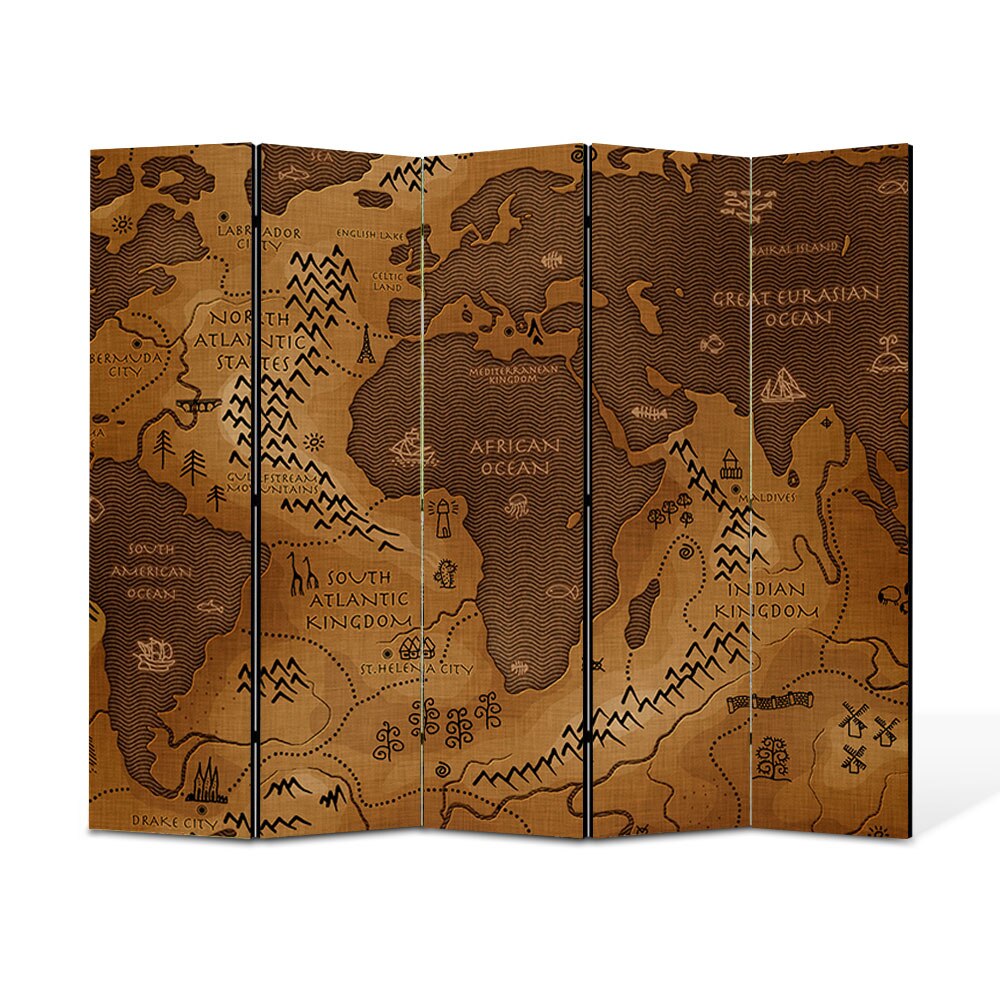 Paravan 5 piese Premium Heartwork TrueColor Harta, Panza pe cadru de lemn, Decoratiuni Moderne pentru Casa, 5 x 35 x 180 cm, 175 x 180 cm