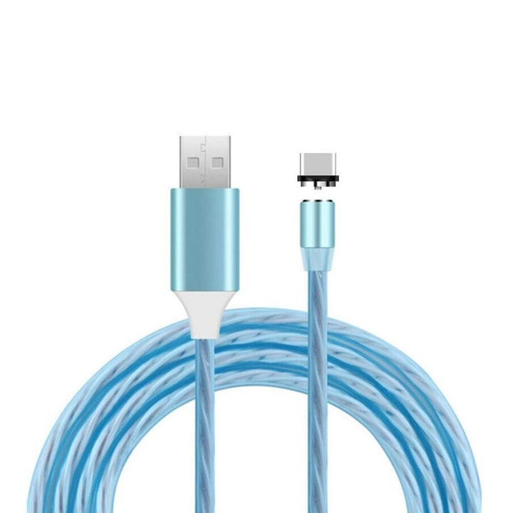 EVTrend® PREMIUM MAGNETIC Син светещ кабел за зареждане, USB-C, алуминиев метален конектор, TPE защитно покритие, за Android телефон или таблет, USB, USB-C, 5V, 2A, 1m, LED, СИН