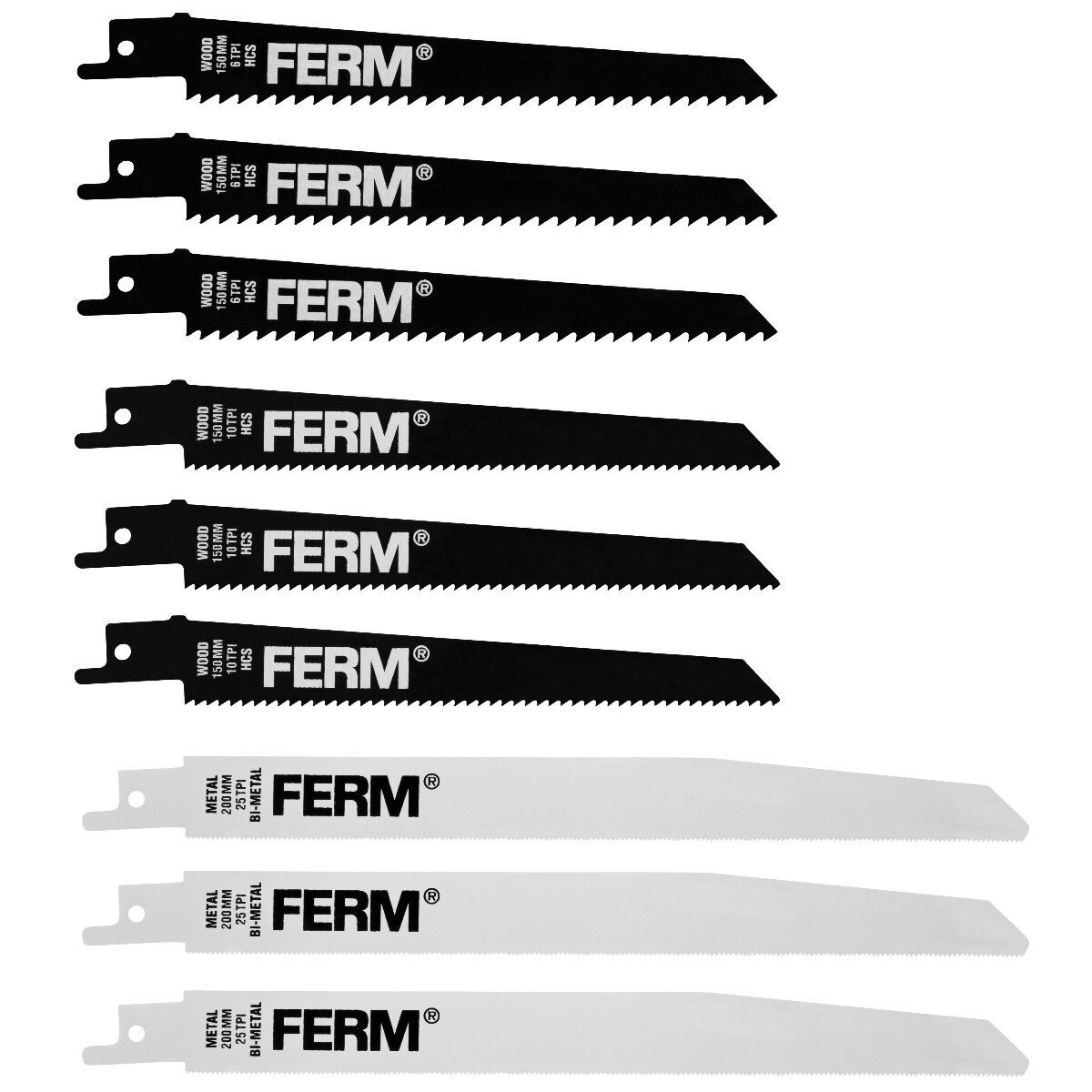 Set de lame pentru fierastrau sabie, 150-200mm, 9 bucati, Ferm RSA1001