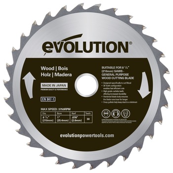 Panza circular lemn, Evolution, FURYBLADE210WD, 210mm, 30 dinti, 3750 rpm, Disc cu dinti din tungsten-carbid Panza circular lemn, Evolution, FURYBLADE210WD, 210mm, 30 dinti, 3750 rpm, Disc cu dinti din tungsten-carbid