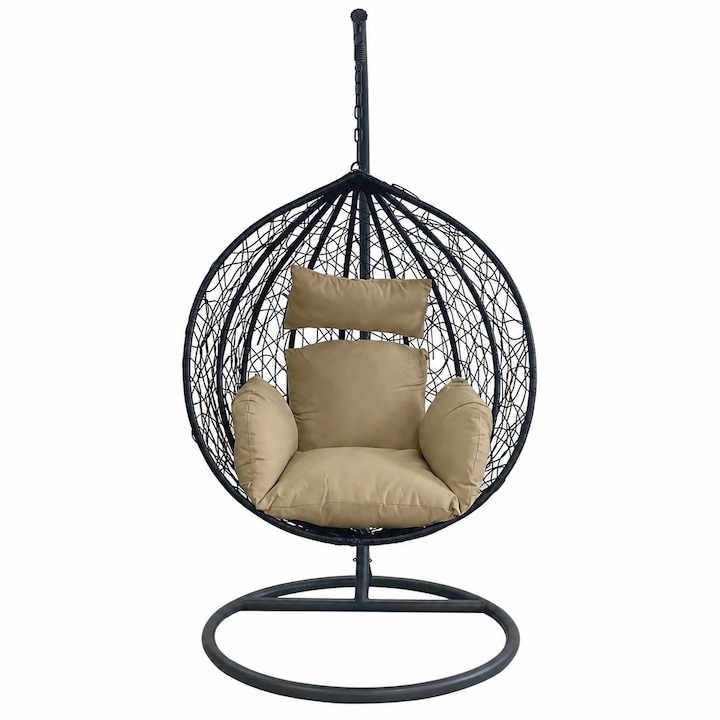Scaun agatat California Black, Fotoliu suspendat de relaxare, Curte sau Living, confortabil si modern