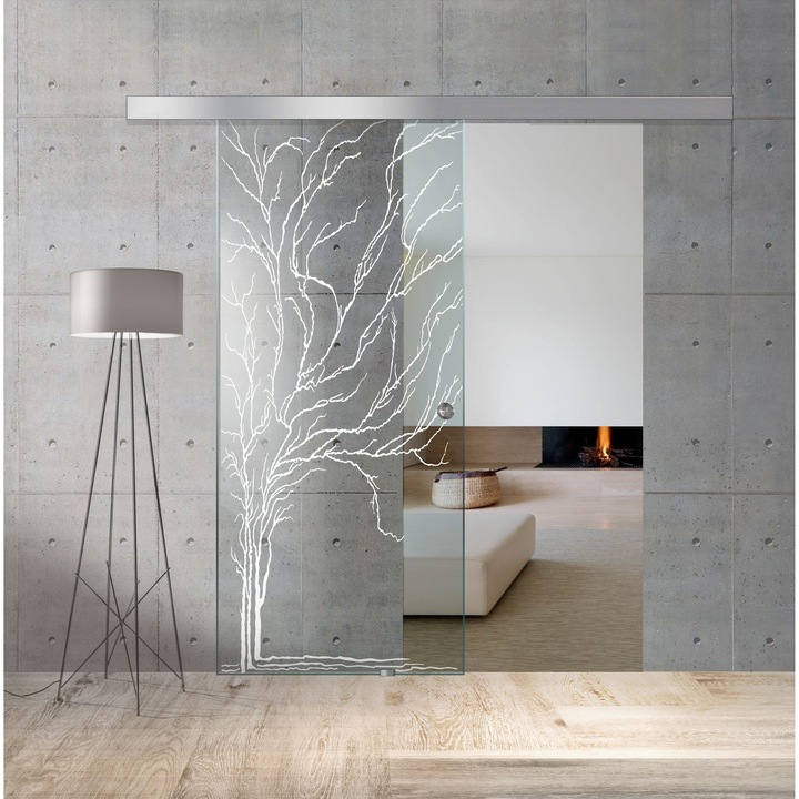 Usa culisanta Boss ® model Tree alb, 95x215 cm, sticla 8 mm clara securizata, glisanta in ambele directii