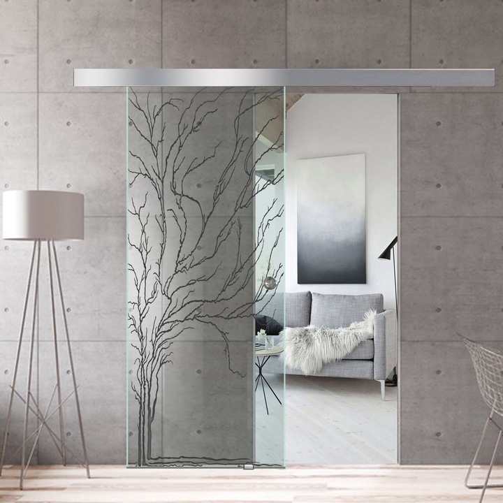 Boss üveg tolóajtó, fekete Tree modell, 85x215 cm, 8 mm vastag víztiszta üveg