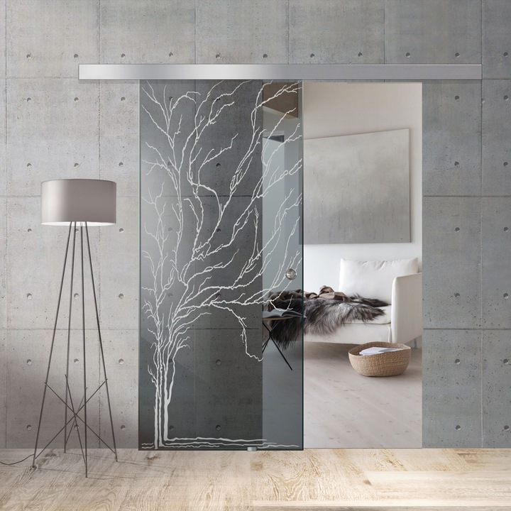 Boss üveg tolóajtó, fehér Tree modell, 90x215 cm, 8 mm vastag szürke üveg
