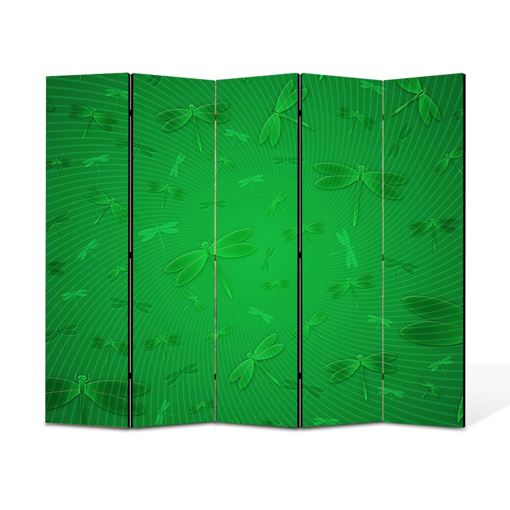 Paravan 5 piese Premium Heartwork TrueColor Libelule verzi, Panza pe cadru de lemn, Decoratiuni Moderne pentru Casa, 5 x 45 x 150 cm, 225 x 150 cm