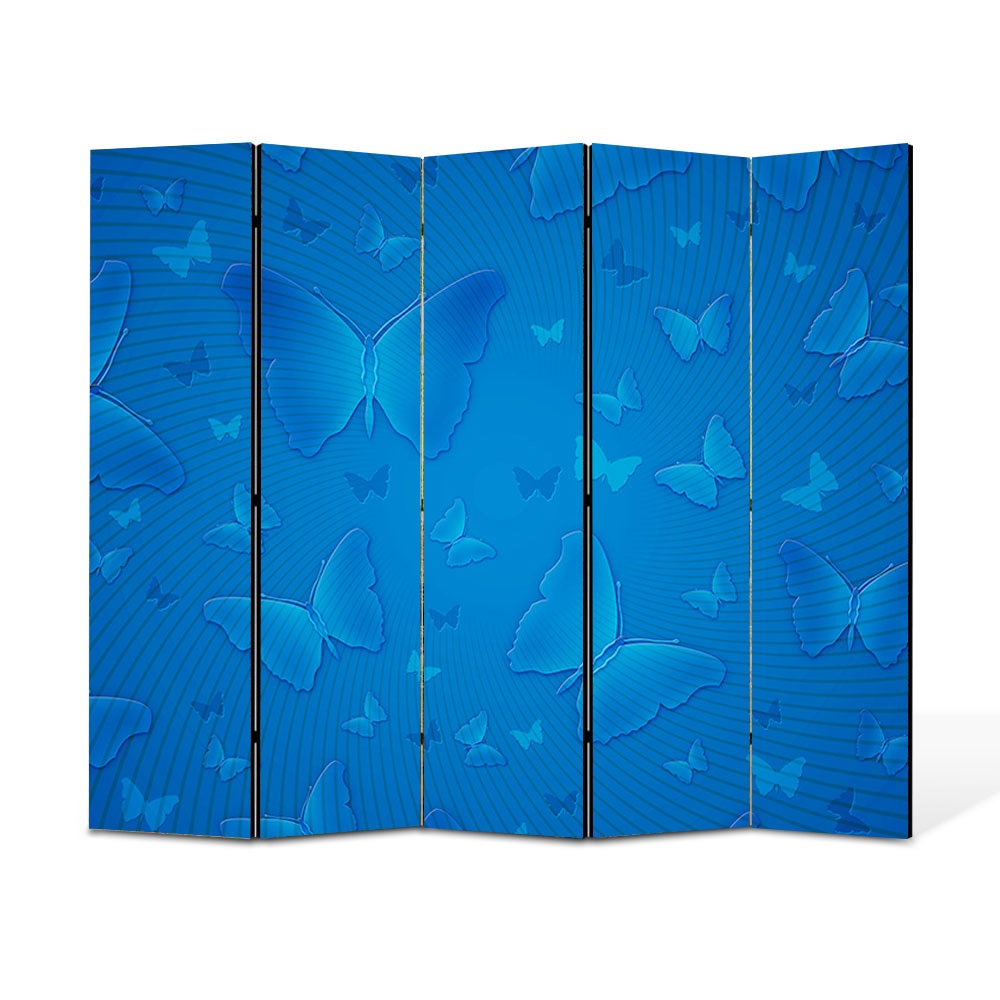 Paravan 5 piese Premium Heartwork TrueColor Fluturi albastri, Panza pe cadru de lemn, Decoratiuni Moderne pentru Casa, 5 x 45 x 180 cm, 225 x 180 cm
