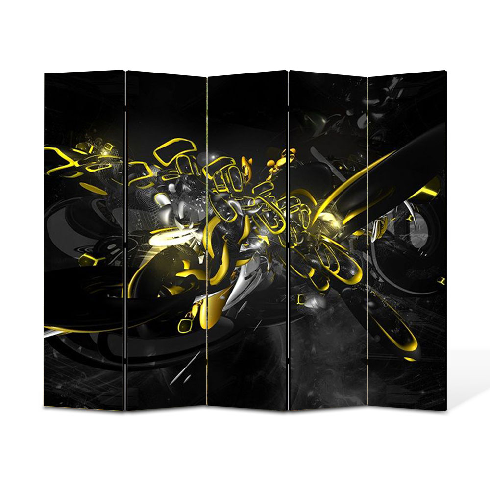 Paravan 5 piese Premium Heartwork TrueColor Compozitie cu galben si negru, Panza pe cadru de lemn, Decoratiuni Moderne pentru Casa, 5 x 45 x 150 cm, 225 x 150 cm